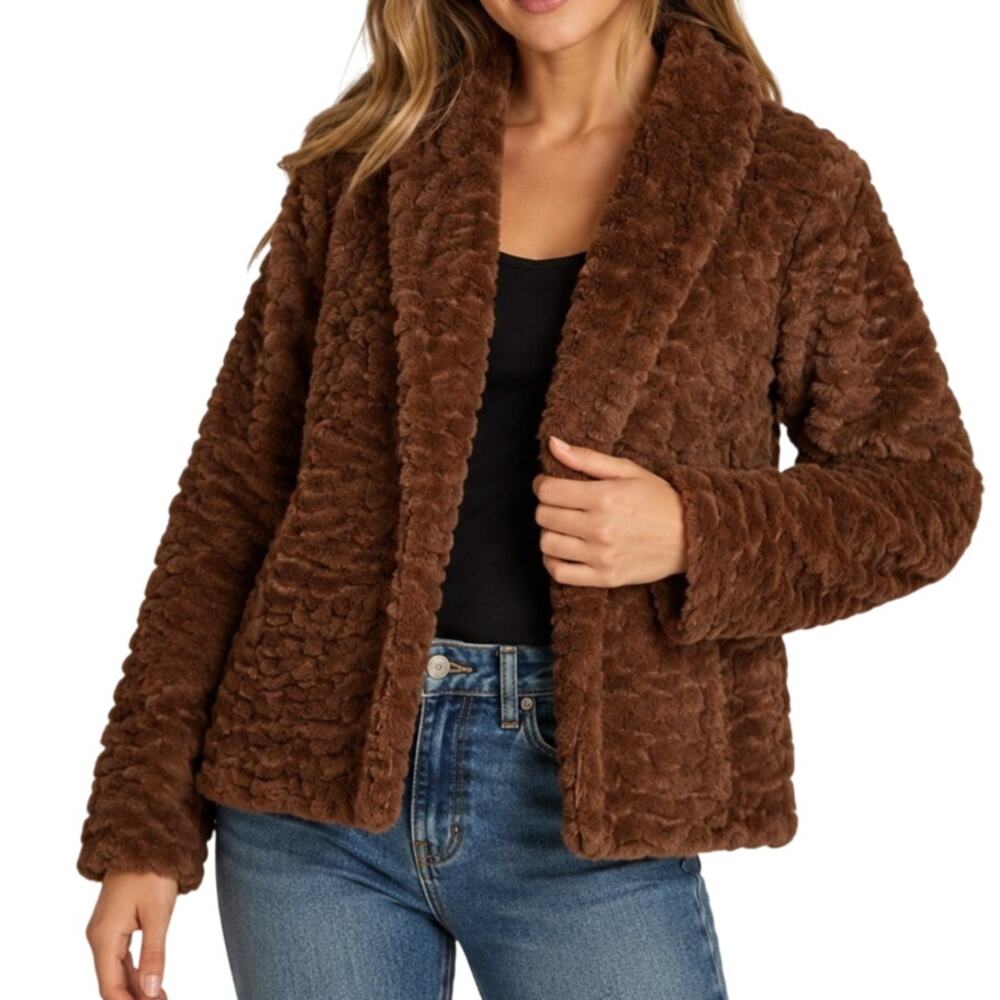 Nordstrom Frenchi Brown Faux Fur Jacket Open Front Teddy Coat Size 4 Small (S)
